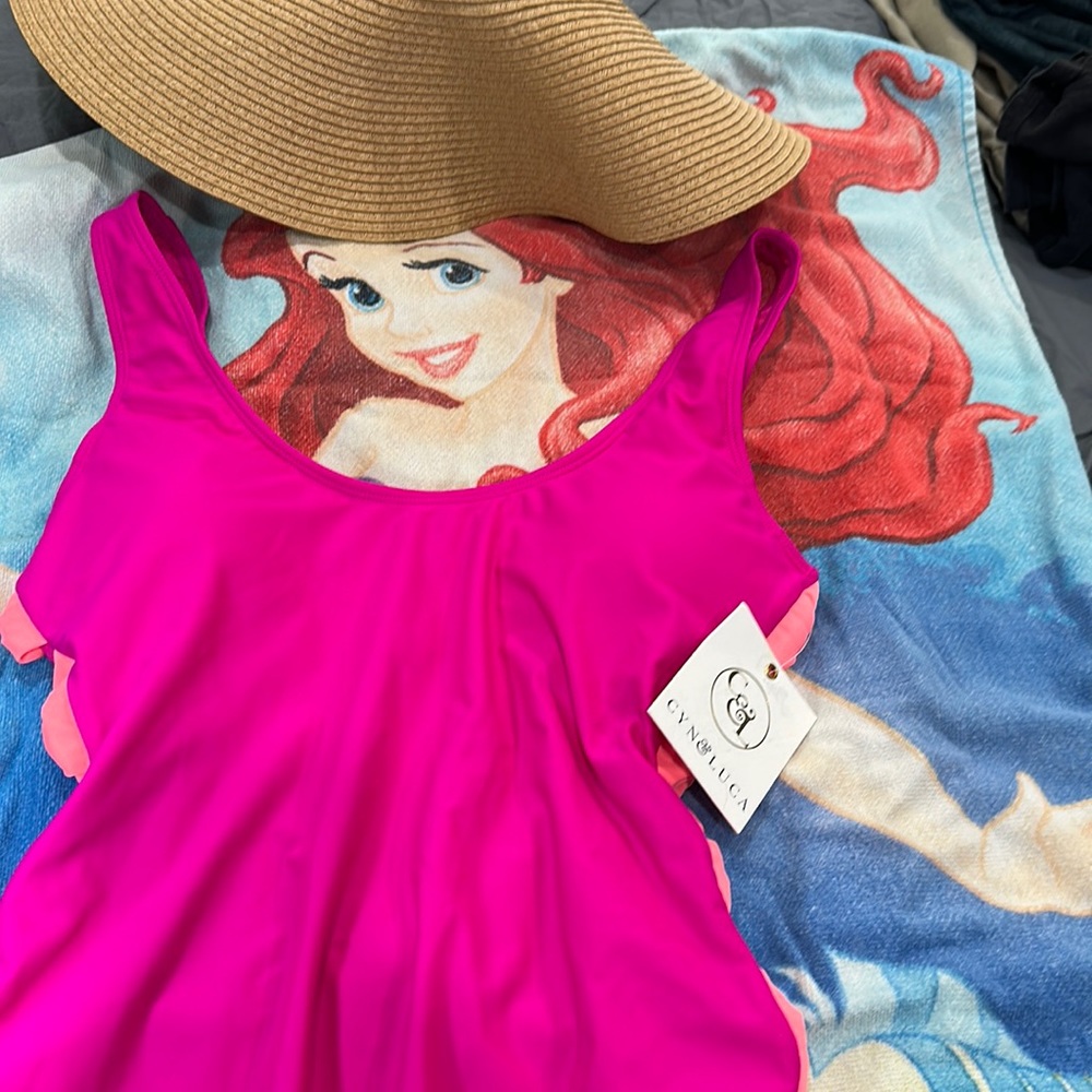 Cyn&Luca one piece swim suit. Hot Pink with 4 neon orange bows on each sidesXLG